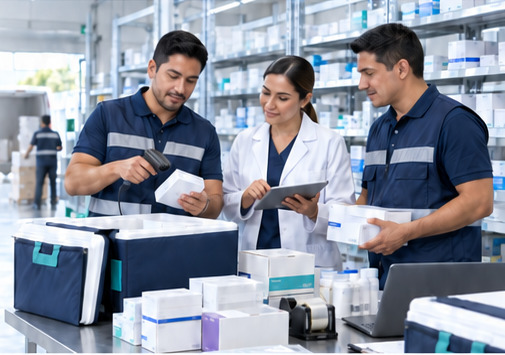 Equipo preparando un pedido farmacéutico